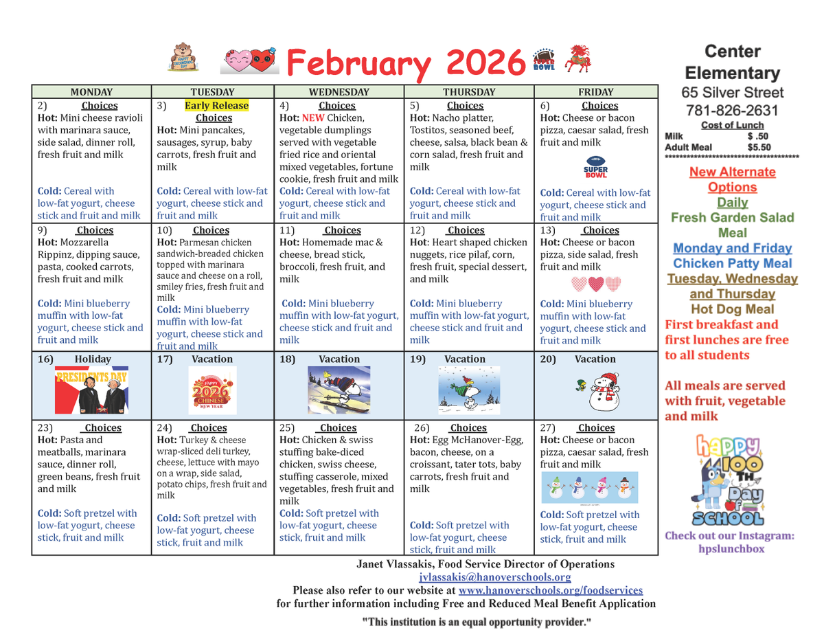hpsma's tweet photo. Explore the Hanover Public Schools lunch menus for January 2026. Look at your school's offerings and discover delightful options for a satisfying meal! Bon appétit! 🍅🥦🍕🥪

For additional information, visit https://t.co/glcgu8QtXW https://t.co/JmbkGjfKzN