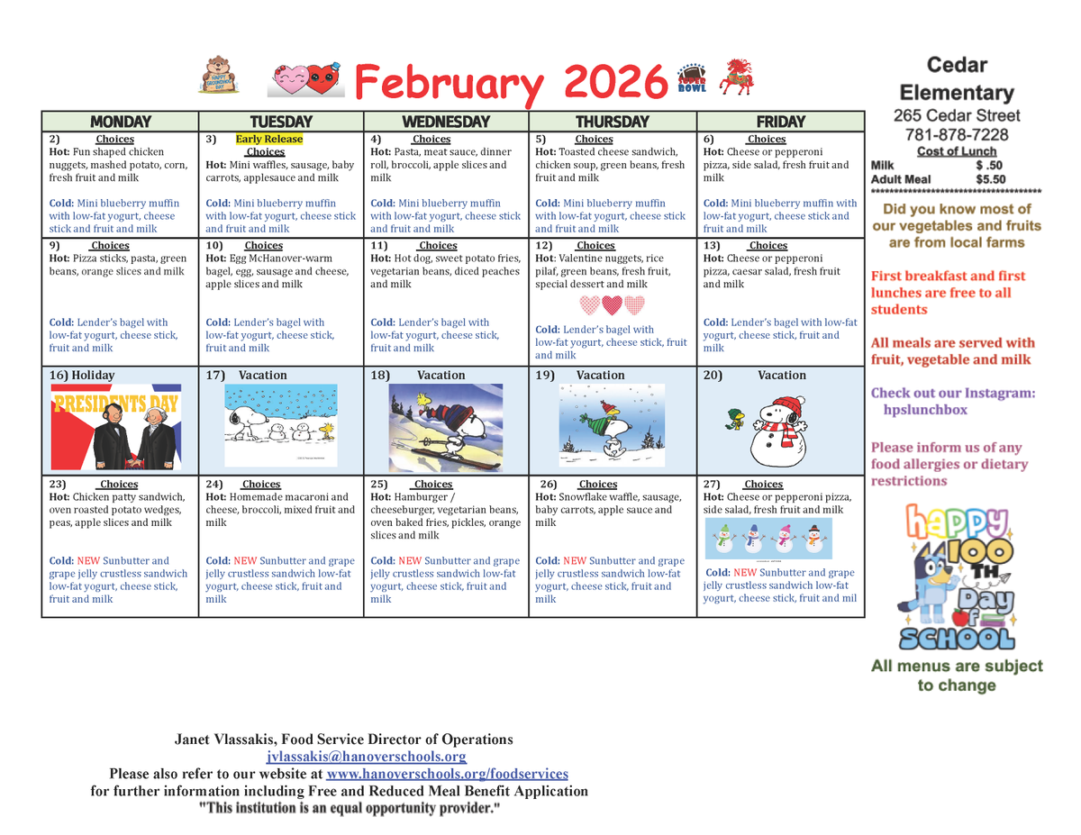 hpsma's tweet photo. Explore the Hanover Public Schools lunch menus for January 2026. Look at your school's offerings and discover delightful options for a satisfying meal! Bon appétit! 🍅🥦🍕🥪

For additional information, visit https://t.co/glcgu8QtXW https://t.co/JmbkGjfKzN