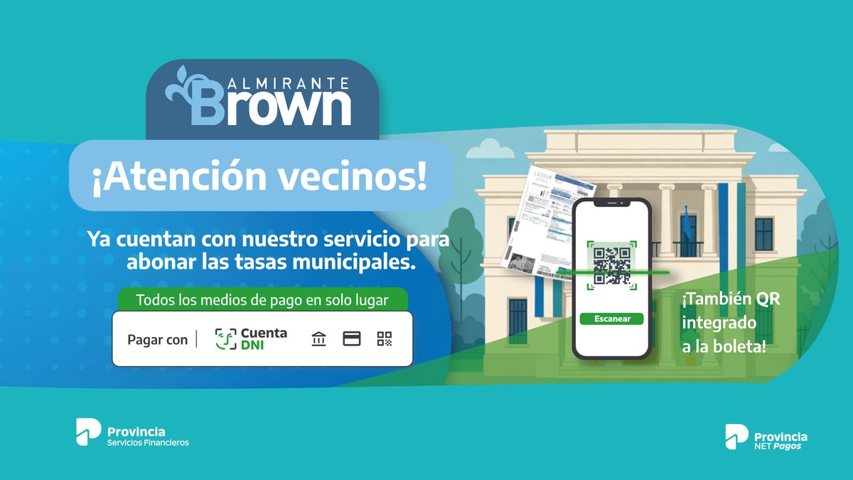 😉 <a href="/MunicipioBrown/">Almirante Brown</a> ya cuenta con nuestra pasarela de pagos.
👉 Ingresá en 🔗 brown.gob.ar y elegí cómo pagar tus tasas y servicios:

✅ Cuenta DNI
✅ Home Banking
✅ Tarjeta de débito
✅ QR

⚠️ Además, ahora también podés pagar al instante con el 𝙌𝙍