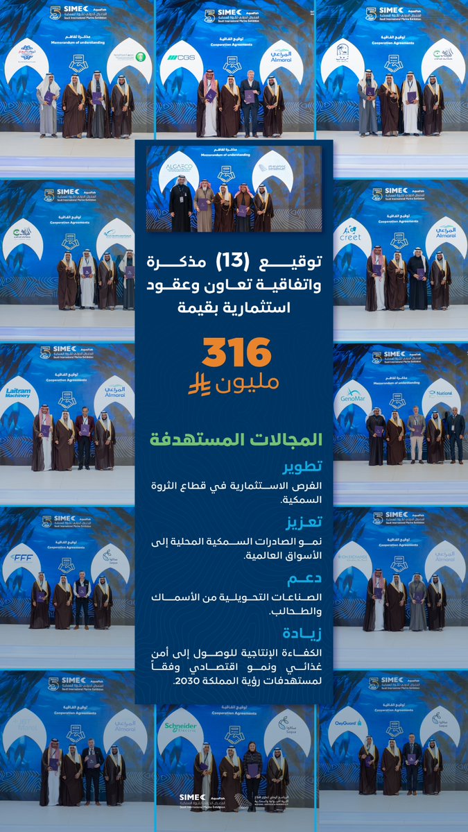 شهد #المعرض_الدولي_للثروة_السمكية في دورته الخامسة، توقيع 13 اتفاقية ومذكرة تفاهم وعقود استثمارية بلغت قيمتها 316 مليون ريال؛ ستسهم في تعزيز الصادرات السمكية إلى الأسواق العالمية، ورفع كفاءة الإنتاج المحلي وصولًا إلى الاكتفاء الذاتي واستدامة الأمن الغذائي، تحقيقًا لمستهدفات رؤية