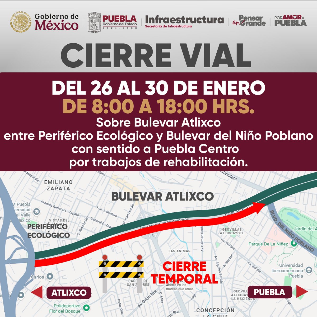 🚧 #InfraInforma | CIERRE VIAL SOBRE BULEVAR ATLIXCO ENTRE PERIFÉRICO ECOLÓGICO Y BULEVAR DEL NIÑO POBLANO CON SENTIDO A PUEBLA CENTRO.

🦺El <a href="/Gob_Puebla/">Gobierno de Puebla</a> rehabilita esta importante vialidad para las y los poblanos, se exhorta a las y los automovilistas a manejar con precaución.