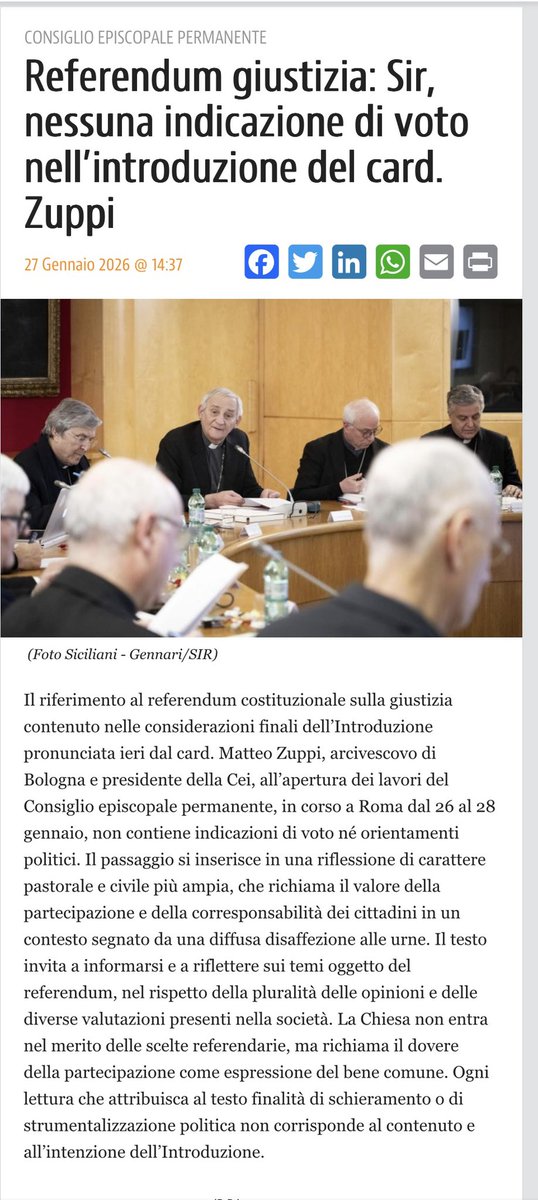 Separazione fra le carriere e separazione fra Stato e Chiesa.
La Cei cominci a separare toga e tonaca.

“No, non ha dato nessuna indicazione di voto”, assicura la Cei, secondo cui il presidente dei vescovi italiani Zuppi ieri aveva parlato in generale, non da generale in divisa