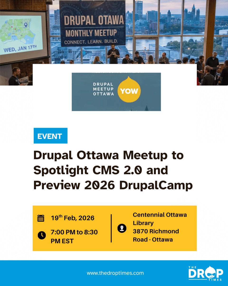 thedroptimes's tweet photo. Drupal Ottawa (DrupalYOW) Meetup (19 Feb):

🔹 CMS 2.0 features
🔹 DrupalCamp 2026 preview
🔹 2027 initiative teaser

https://t.co/xe2s8Df9Ws 

#DrupalOttawa #DrupalCMS #DrupalEvents #DrupalCamp2026 https://t.co/6QhfRfP3Bf