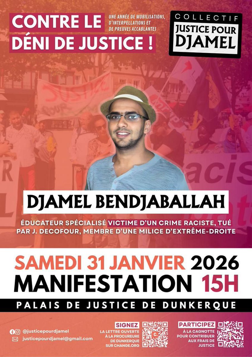 ✊️ J’exprime mon plein soutien à la marche pour Djamel, qui aura lieu ce vendredi 31 janvier à Dunkerque.

Le combat de sa famille mérite d’être soutenu : elle se bat pour faire reconnaître le caractère raciste de la mort violente de Djamel Bendjaballah, 43 ans, tué à