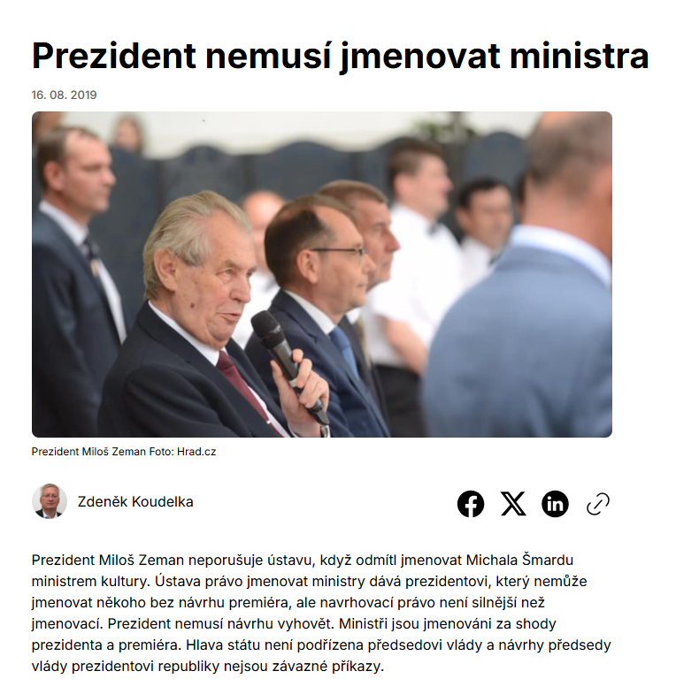 Posledniskaut's tweet photo. Macinka tvrdí, že kompetenční žaloba je zbytečná, že ústava o jmenování ministrů hovoří jasně, že prezident ministra jmenovat musí. 
Zajímavé je, že nový náměstek ministra spravedlnosti Zdeněk Koudelka v roce 2019 tvrdil úplný opak.
https://t.co/jILIyJ0ean https://t.co/kexnzlJw7j