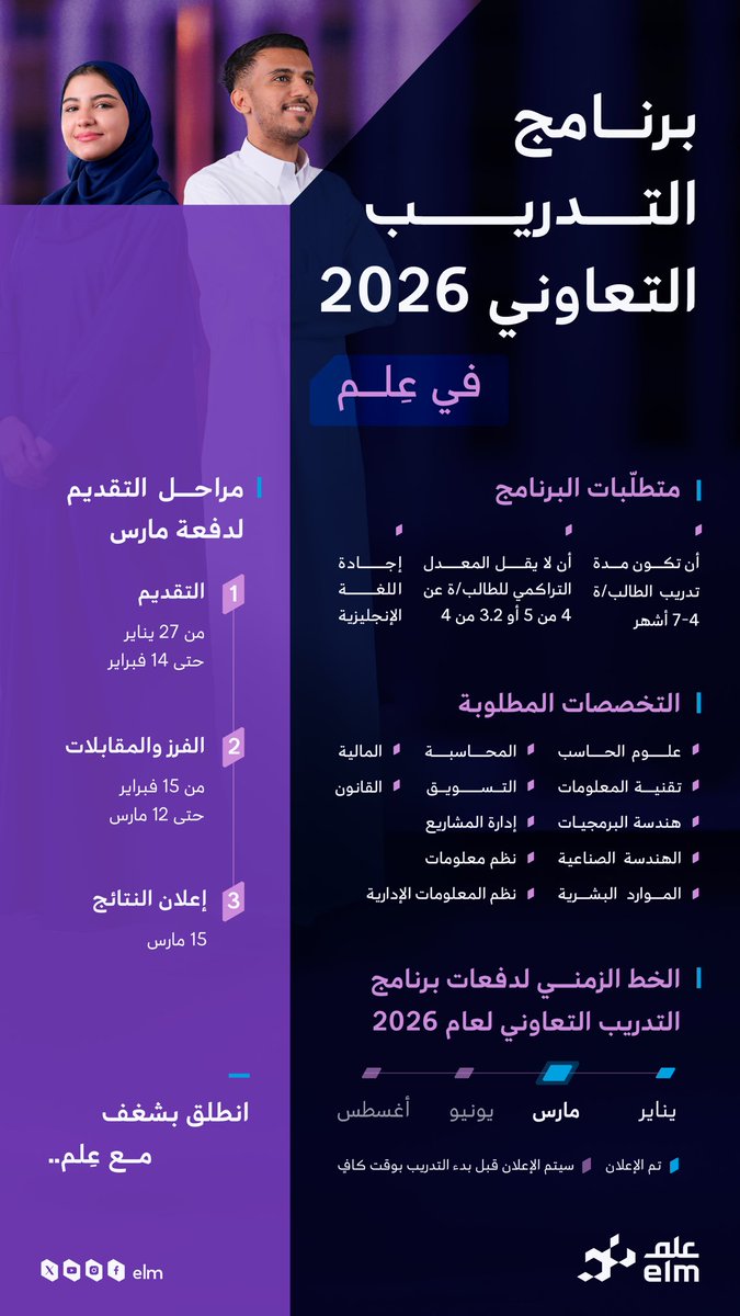 🎓| تبحث عن بيئة تلهمك للنمو؟ 

برنامج #عِلم للتدريب التعاوني يضعك في قلب الابتكار لتبدأ أولى خطواتك المهنية بين خبراء يصقلون مهاراتك ويعززون طموحاتك!

ابدأ رحلتك معنا:
🔗 career.elm.sa/elm/go/Coop-Tr…