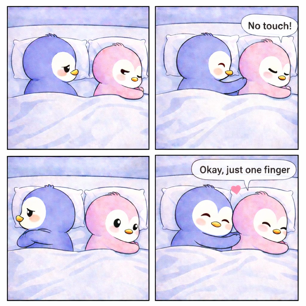 Polly &amp; Pengu Comic strip series 💗🐧  
Season 1  #6

Cuddling in summer hits different ☀️🫶  
Sometimes it’s just one finger… and that’s enough.

$Polly $Pengu #ComicStrip #LoveInLittleMoments