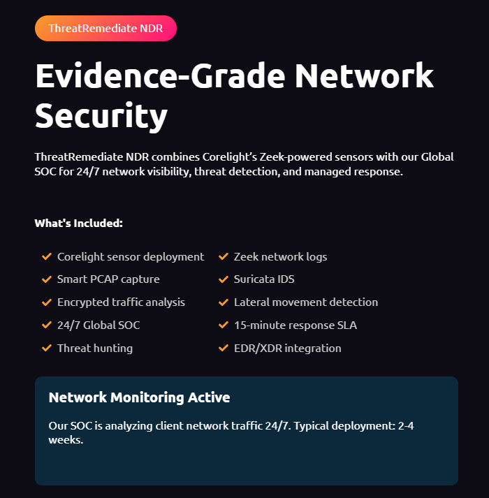 vijilansoc's tweet photo. Your endpoints are protected.
But what about everything in between?

⚡ ThreatRemediate NDR
🔍 Full network visibility
⏱️ 15-min SLA
🧠 Smart threat hunting

Get your free network assessment:
🔗 https://t.co/tjml3EVEd0

#NDR #CyberSecurity #Vijilan #Corelight #SOC https://t.co/pK5KAHRvN5