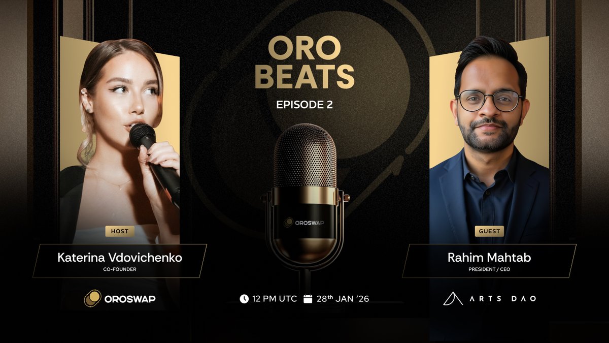 ORO Beats Ep.02 goes live tomorrow 🎙

Our Co-founder <a href="/katerinaviko/">Katerina</a> will be hosting <a href="/Rahim_mahtab/">Rahim Mahtab</a>, President/CEO of <a href="/arts_dao/">Arts DAO</a>, at 12 PM UTC

They’ll be discussing how Arts DAO is building a curated Web3 community and Dubai’s first crypto clubhouse focused on connections, culture,