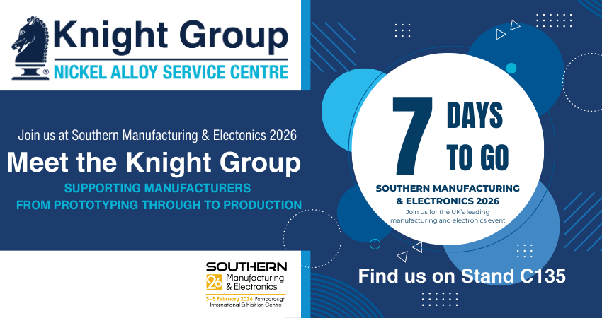 KnightGroupLtd's tweet image. T7 days until Southern Manufacturing 2026 ⏰

Visit Knight Group on Stand C135 for:
✓ Precision nickel alloys
✓ Strip &amp;amp; wire specialists
✓ Technical expertise
✓ Prototyping → production support

#SouthernManufacturing #PrecisionMetals #NickelAlloys #UKManufacturing