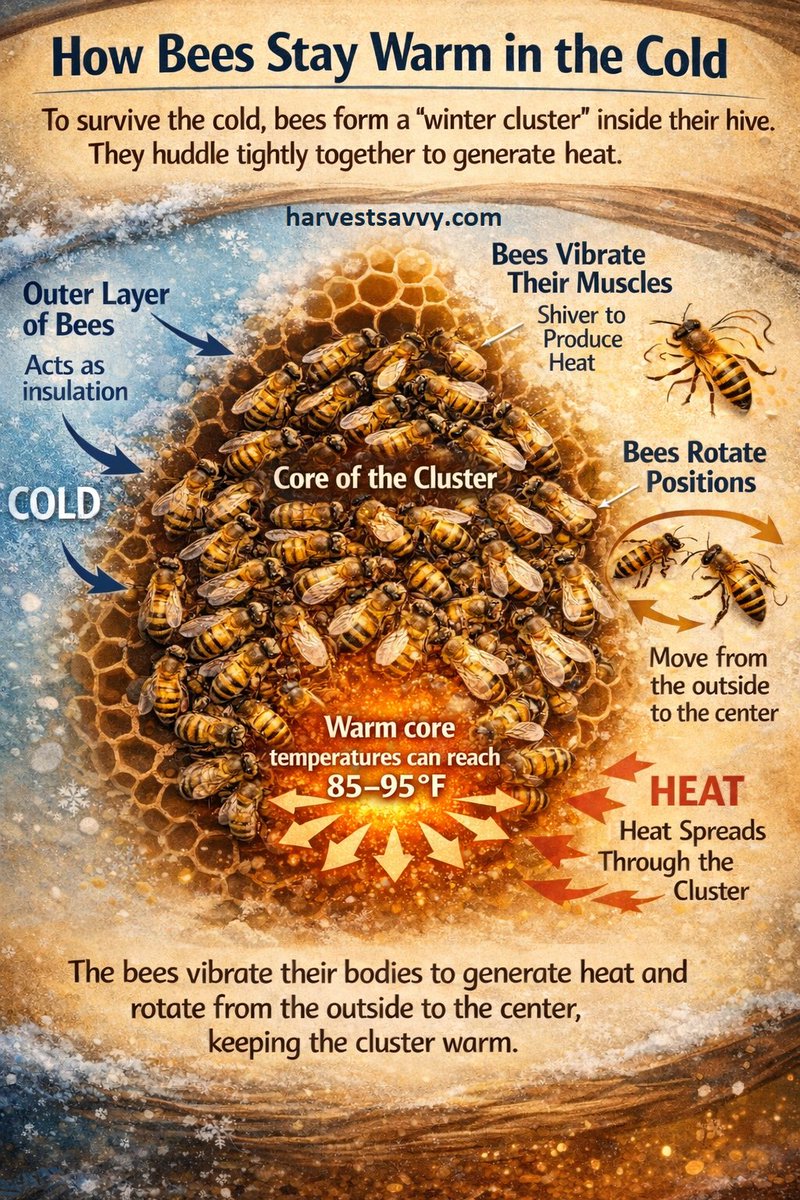 HarvestSavvy's tweet image. Cold doesn’t kill honey bees—poor timing and empty food stores do. 🐝❄️
In winter, bees form a living cluster that insulates the hive, generates heat, and rotates roles to survive freezing weather. Nature’s teamwork at its best.

#HoneyBees
#BeekeepingLife
#WinterBees