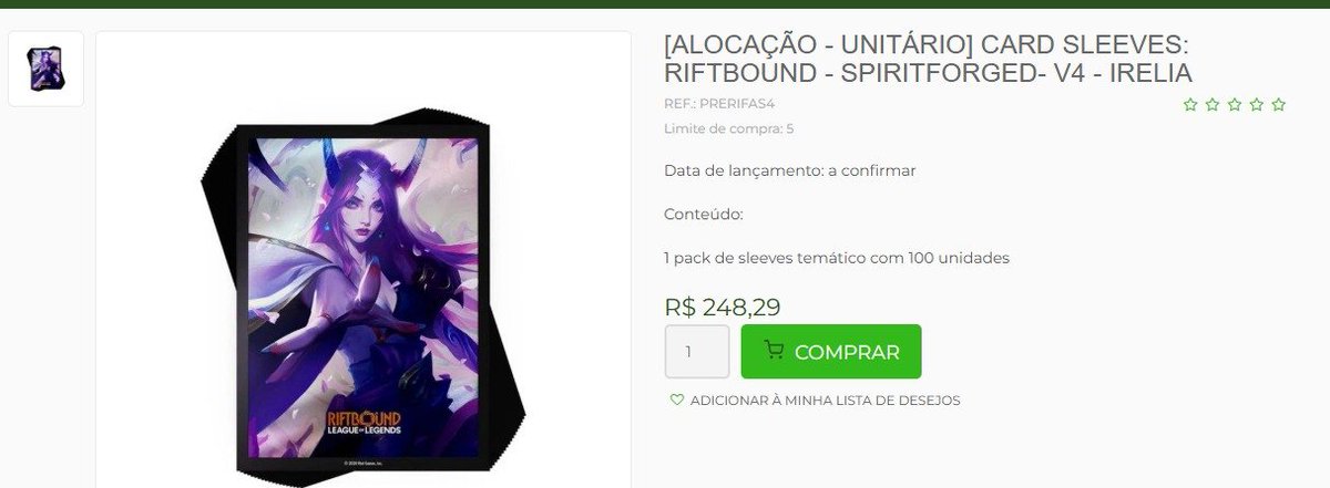 Esses são os valores que a Coqui (distribuidora) tá colocando saindo da distribuidora para as lojas.

<a href="/davetron/">Dave Guskin</a> the Riftbound distributor here in Brazil is charging very high prices to stores, which is making the product’s sale almost unviable.