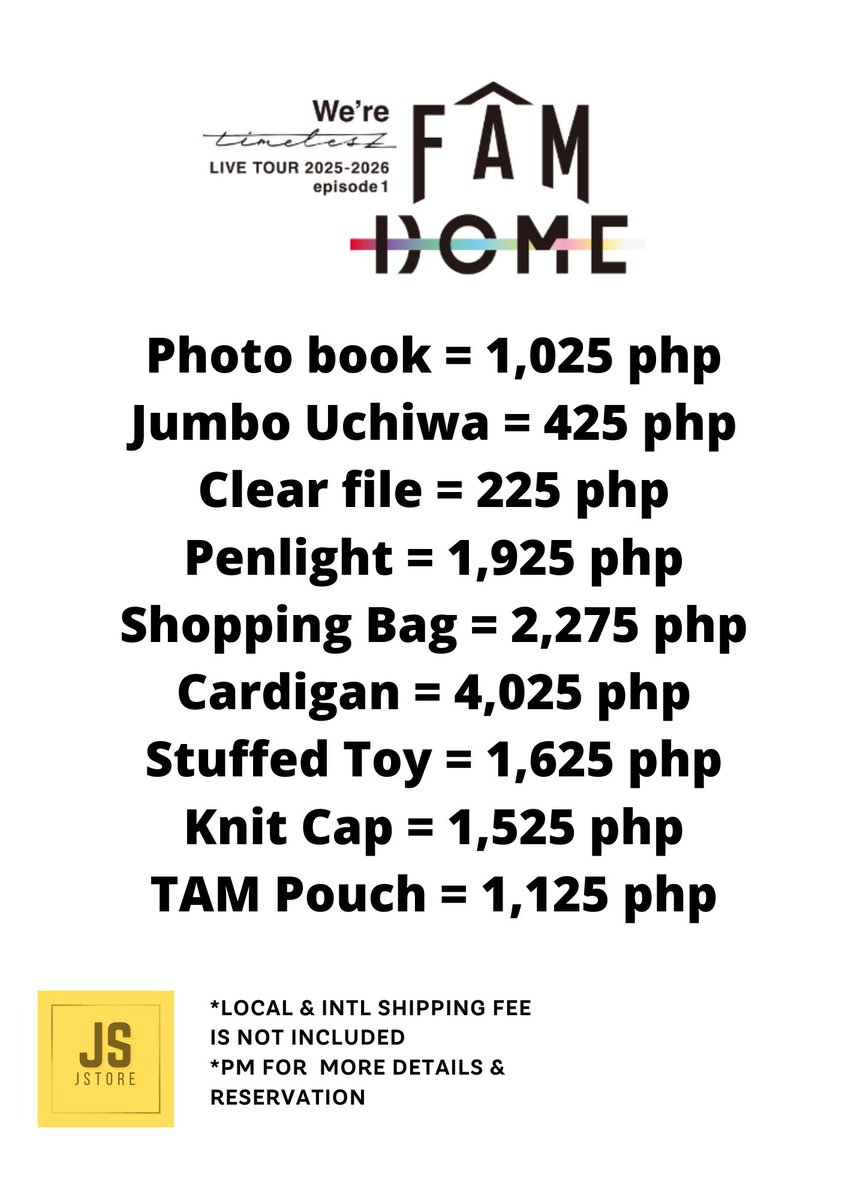 JStore_merch's tweet photo. Hi Jstorelovers Pre-order for WE'RE FAM DOME TIMELESZ LIVE TOUR '25-'26 EPI 1 GOODS is now OPEN!!

💳 BDO / GCASH / MAYA / HELLOMONEY
📦 J&amp;T

For more info:
https://t.co/gnG8zzXK1n

‼LIMITED SLOTS ONLY‼
📩 For Orders / Inquiry PM me  via FB Page https://t.co/OuNqHnoxcc