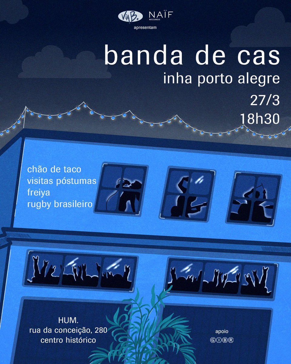 banda de casinha em porto alegre

27 de março de 2026 • HUM.

chão de taco
visitas póstumas
freiya
rugby brasileiro

flyer por Luiza Santa Maria

ingressos no tweet abaixo 🎫