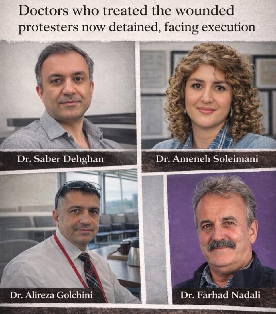 Jeanne2022Rev's tweet photo. Important thread about Doctors and medical professionals being prosecuted by Islamic Regime in Iran, simply for treating injured protesters! 
These doctors are facing harsh sentences if we do not speak up NOW! 
#IranMassacre https://t.co/AFSQGVnsJo