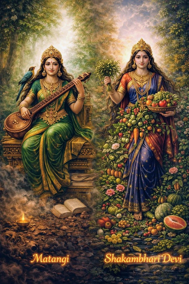 Devi Matangi’s association with Shakanbhari Devi as Prakriti Goddesses reveals the sacred flow between inner wisdom and nature’s nourishing intelligence. 

Devi Matangi governs intuitive knowledge, speech, music, and creative consciousness that arises beyond social boundaries.