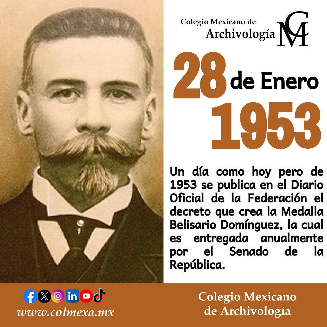 📜 Un día como hoy | 28 de enero de 1953 🇲🇽
Se publica en el Diario Oficial de la Federación el decreto que crea la Medalla Belisario Domínguez, una de las máximas distinciones otorgadas en México, entregada anualmente por el Senado de la República.