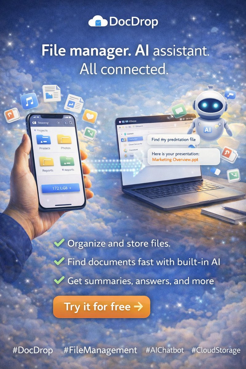 docdropin's tweet photo. Your file manager just got smarter.
Organize folders like you always have.

Ask AI when you need answers.
📁 Full file &amp; folder system
🤖 Built-in AI to find, summarize &amp; analyze
☁️ Access everything from anywhere
🔐 Secure by default

👉 https://t.co/aHsXx8ivPB https://t.co/y9QQxJZihH