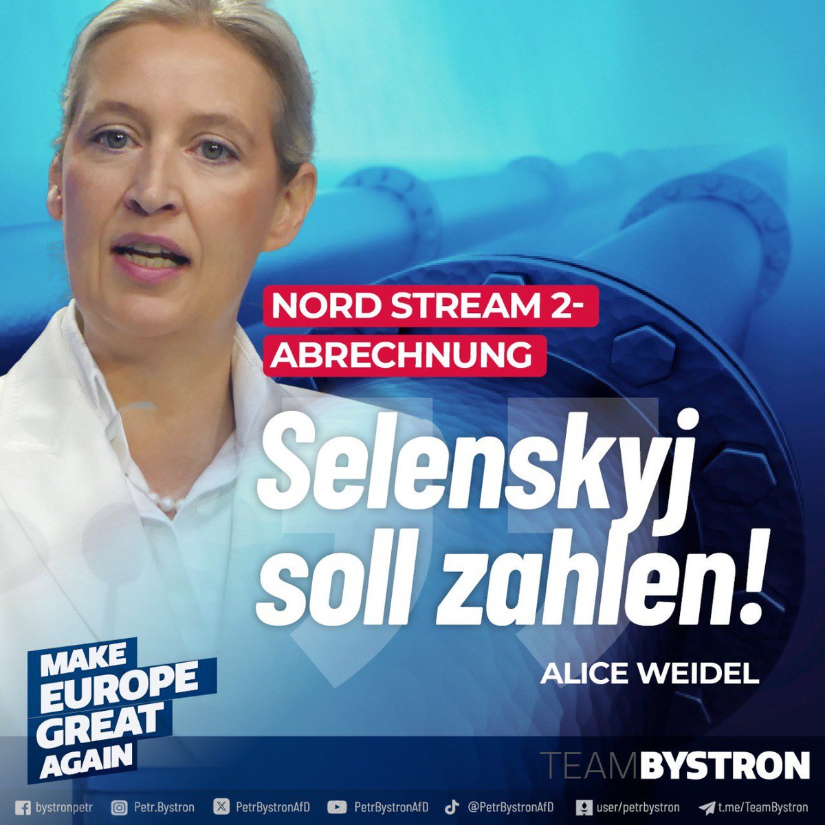 PetrBystronAfD's tweet photo. „Ich kann Ihnen sagen, was wir machen werden, wenn wir Regierungsverantwortung haben. Wir werden Rückforderungen stellen! Dann sollen doch einmal die Ukrainer, der #Selenskyj, bezahlen dafür, dass sie unsere Leitungen in die Luft gesprengt haben.“ #Nordstream2 https://t.co/DIcEuvVDMB