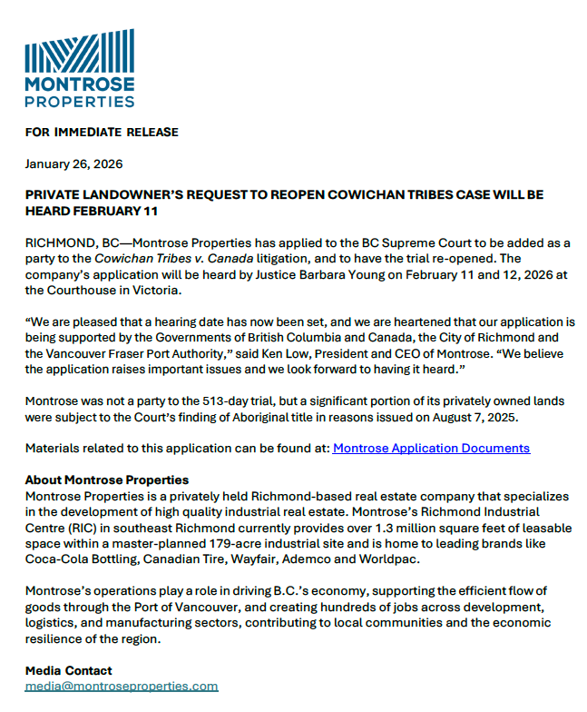 Good on Montrose Properties for getting this court date to try and re-open the disastrous Cowichan decision.

Shame on that judge and the government for not including a property owner in the first place, as they argue over giving away the rights to land they own.