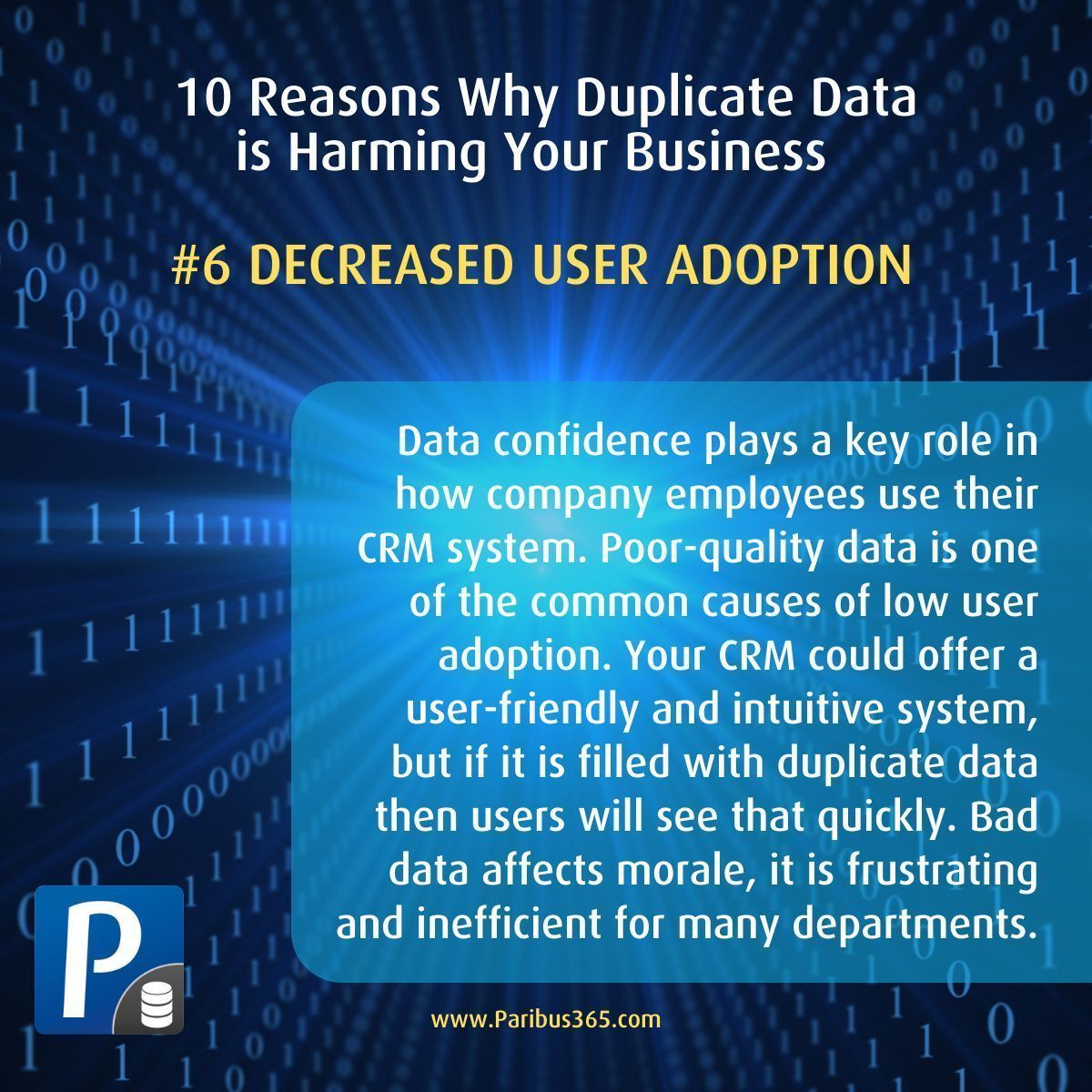 ⭐10 REASONS WHY DUPLICATE DATA IS HARMING YOUR BUSINESS ⭐

6. DECREASED USER ADOPTION

Data confidence plays a key role in how company employees use CRM. Poor quality data is one of the most common causes of low user adoption. 

Read more: buff.ly/4abCXde 

#Dynamics365