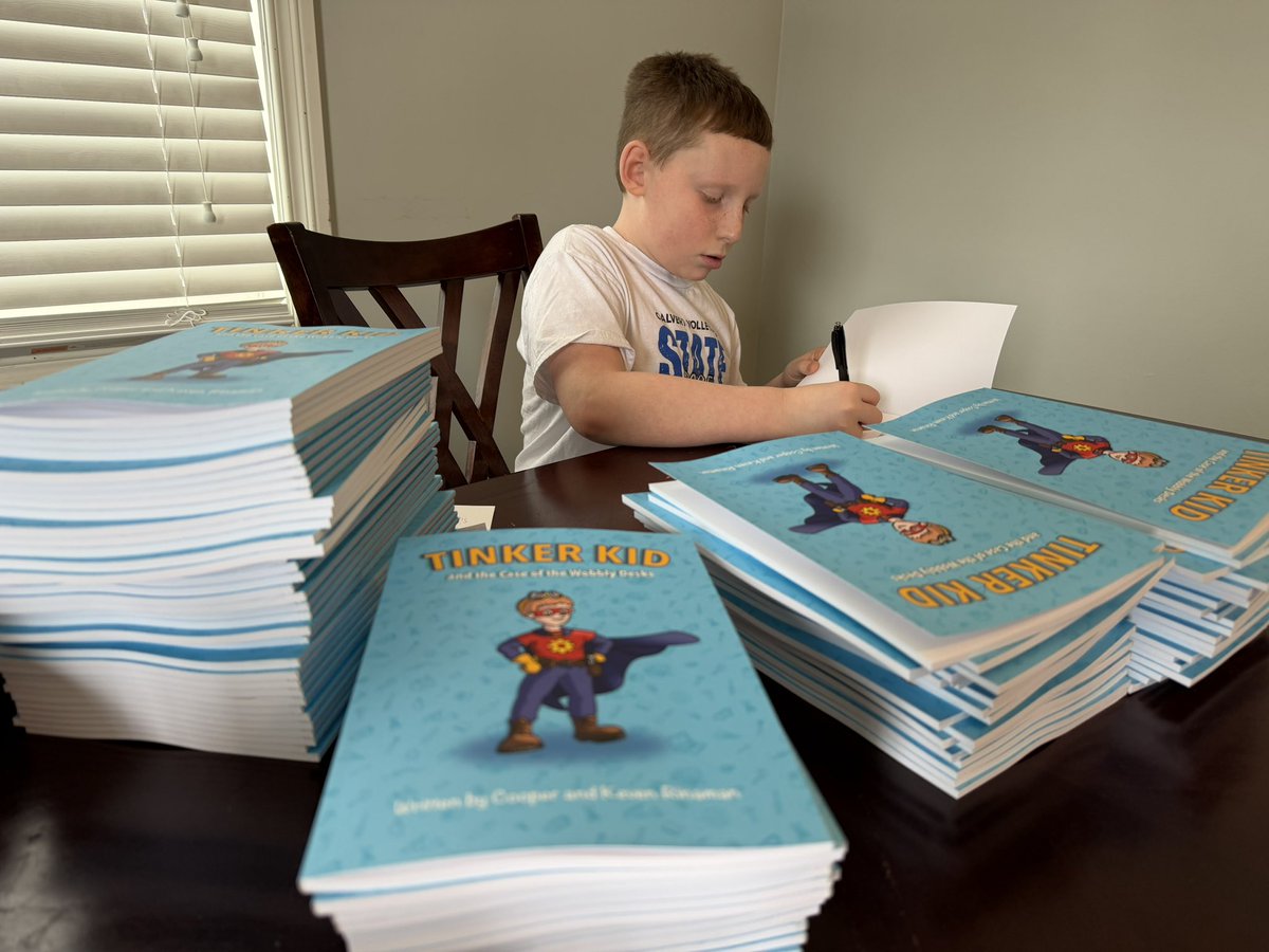 kevenrinaman's tweet photo. Let the signing begin! 100 copies going out to a school soon! #TinkerKid #3DU #STEAM #ProblemSolving https://t.co/qF4MjBsWyJ