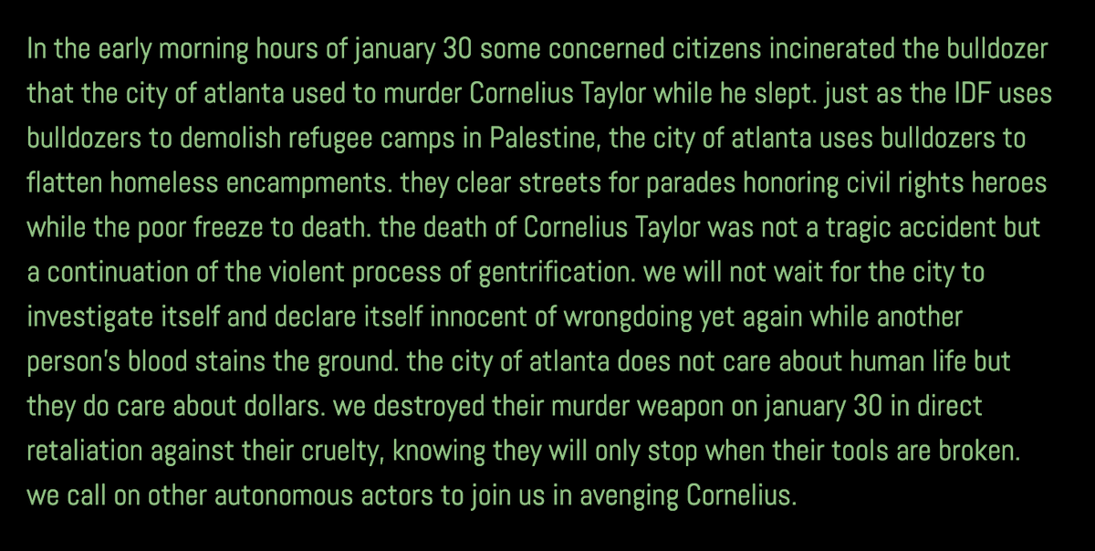 anonymous anarchists burned the bulldozer that was used to kill him