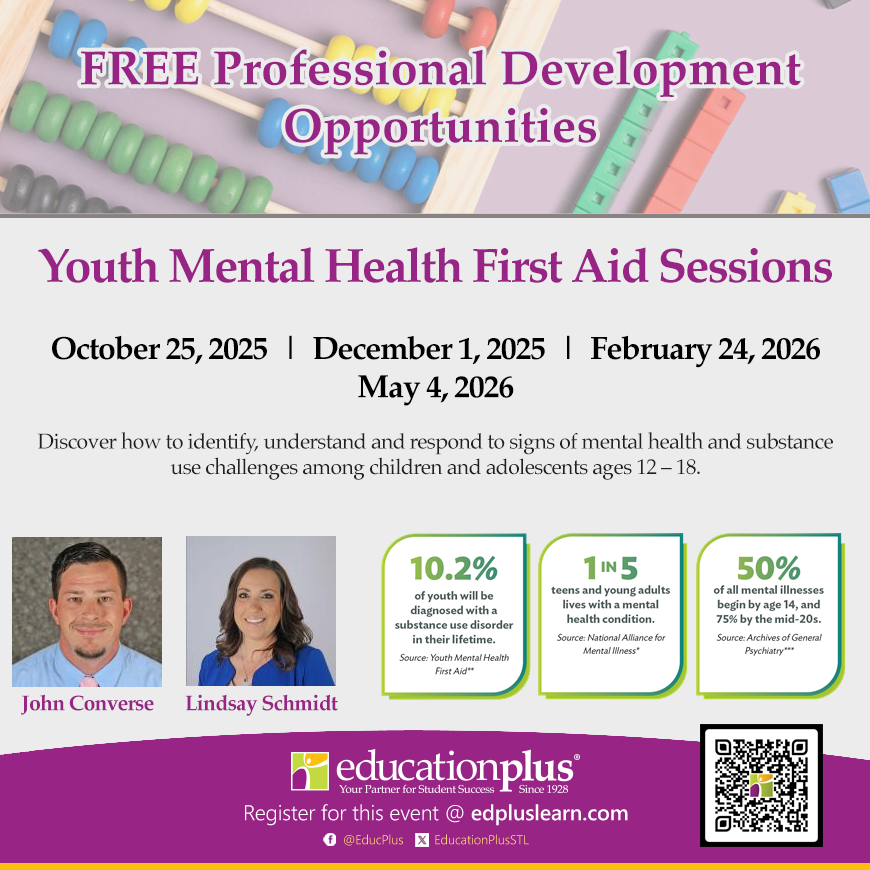 EducPlus's tweet photo. Join us February 24 for the FREE Youth #MentalHealth First Aid workshop. 

This workshop is perfect for teachers, school staff, coaches, counselors, parents, and anyone working with young people. 

Learn more: https://t.co/jqjWHGEL5B
#EdPlus #STLedu https://t.co/9RFX00roYr