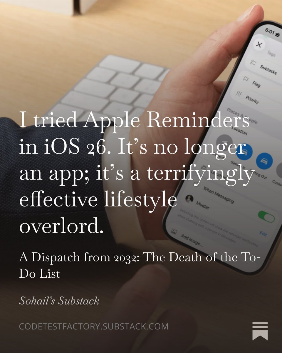 codetestfactory's tweet photo. What's the one feature you'd add to your to-do app if the laws of physics (and privacy) didn't apply? I bet iOS 26 already has it. https://t.co/hkWgbugDN9
#Apple #Productivity #Tips #Reminders #Apps #Tech #AI #GenAI https://t.co/JcI8XybaR0