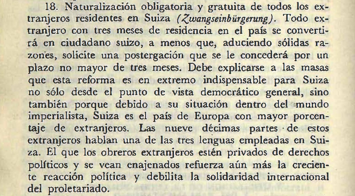 Pocos recuerdan que Lenin presionó al movimiento obrero suizo para que luchase por una serie de medidas democráticas urgentes durante la primera gran guera imperialista (IGM). En la 18 incluyó esta.