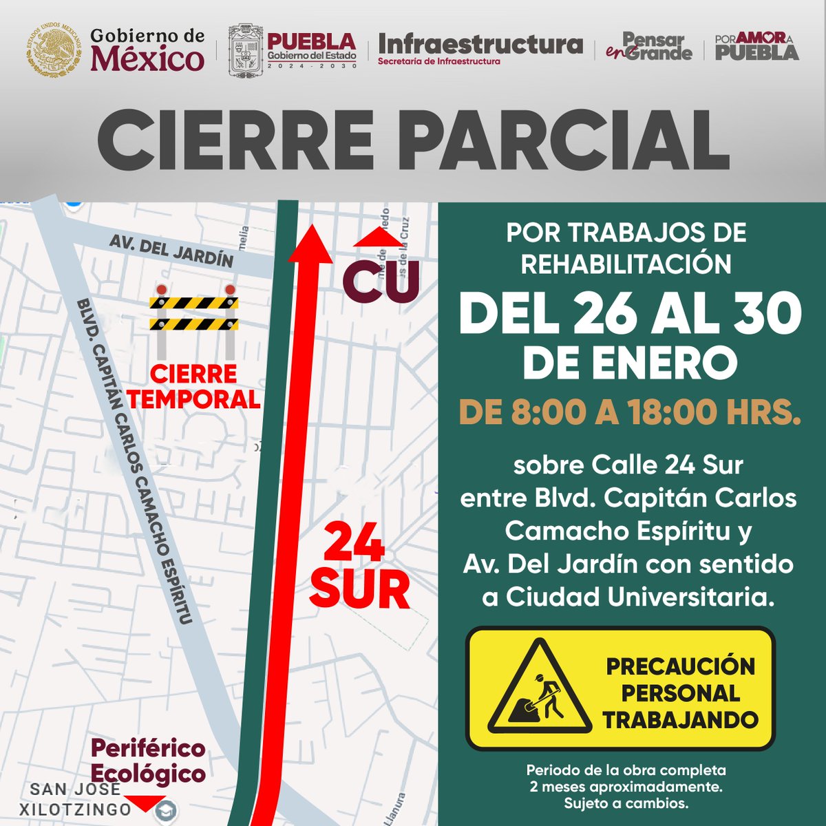 👷🏽#InfraInforma | PRECAUCIÓN, CIERRE VIAL EN LA 24 SUR, ENTRE BLVD. CAPITÁN CARLOS CAMACHO ESPÍRITU Y AV. DEL JARDÍN CON SENTIDO A CIUDAD UNIVERSITARIA.

🚧 El <a href="/Gob_Puebla/">Gobierno de Puebla</a> trabaja en la rehabilitación de esta vía de comunicación. 

🚗 La dependencia exhorta a las y los