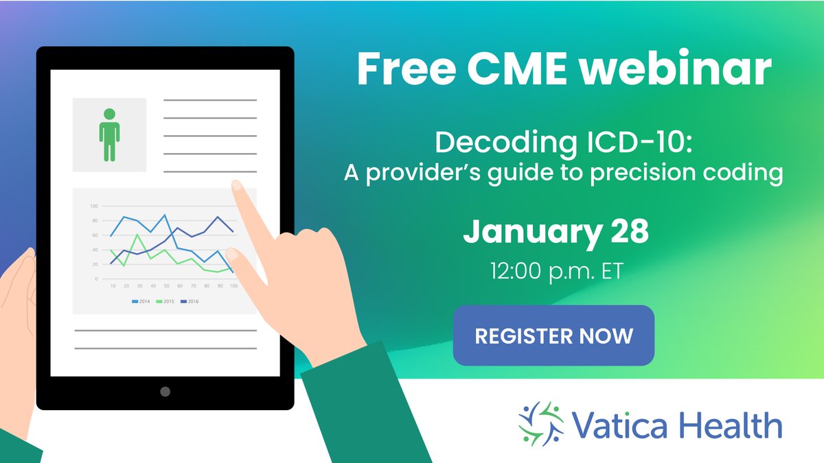 VaticaHealth's tweet photo. Last chance to register for our first CME webinar of 2026, Decoding ICD-10: A provider's guide to precision coding. Register now: https://t.co/aOoY9LuK8k https://t.co/9i6XRQkq6B