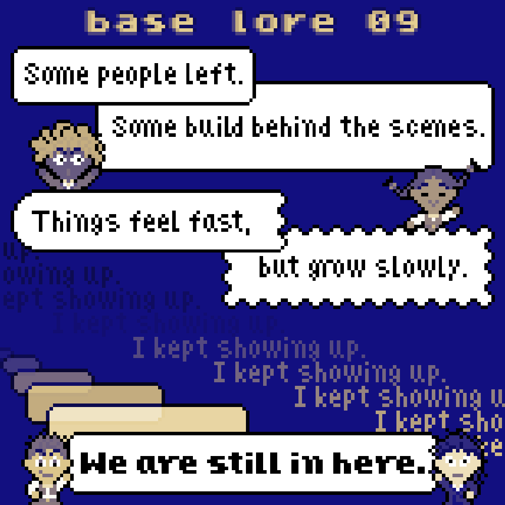 PanicNFTs's tweet photo. base lore EP 09 &amp; 10 by @Hitchist

it wasn’t just about numbers.
or hype.

it felt human.
open.

people come and go.
some build quietly.

things move fast.
growth takes time.

we are still in here.

?an!c land is coming. https://t.co/rnS3qbrckx