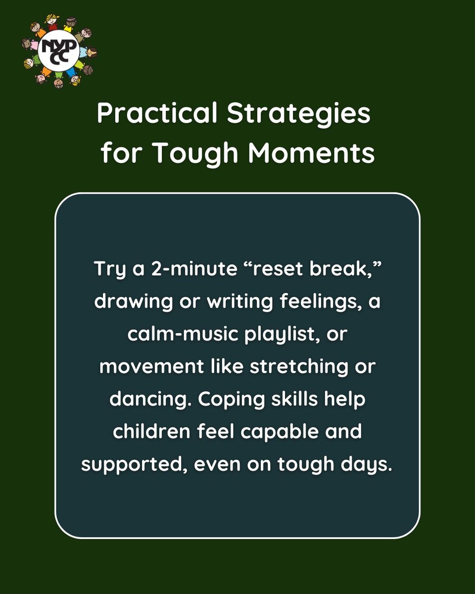 NYPCC1's tweet image. Coping skills are tools kids can carry with them every day. From movement to creative expression, small strategies can make a big difference on tough days. 💛 

#TeachableTuesdays #CopingSkills #KidsMentalHealth