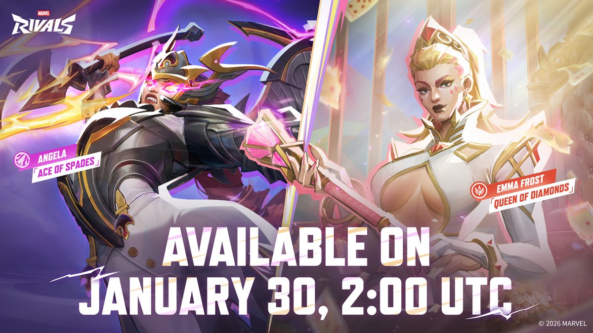 MarvelRivals's tweet image. Play your cards right and rule the battlefield!  🂭

Take center stage and explore the hand you've been dealt with Angela's Ace of Spades and Emma Frost's Queen of Diamonds costumes. Reign the realms in style and decide your own fate.

Available: January 29th at 6 PM PT with no…