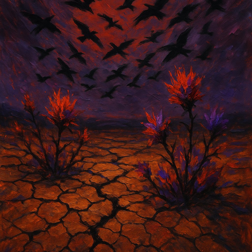 WordRevolt's tweet image. Echoes Over Broken Ground

Cracked earth drinks silence,  
crows circle where light once was—  
wounds bloom wild, unchecked.

airaart.live
#Poetry #AIPoetry #AIra #haiku