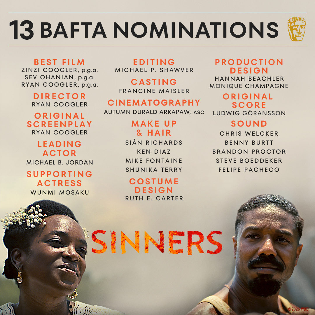 WarnerBrosUK's tweet image. Thank you to BAFTA for recognising the #SinnersMovie cast and crew with 13 nominations for the 2026 BAFTA Awards!

@BAFTA | #EEBAFTAs