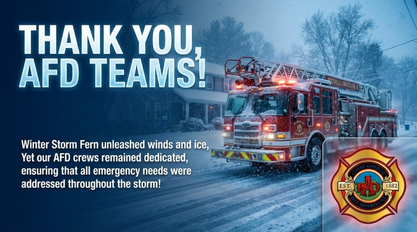 We want to shout out to all our crews that worked through winter storm Fern. A collective effort between AFD and all city departments ensured our citizens were informed, protected and served. Thank you!