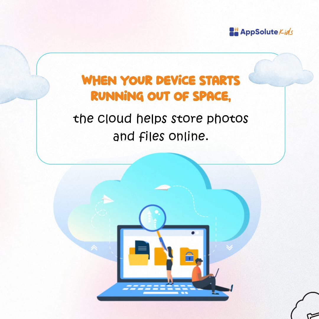 Appsolute_Kids's tweet photo. Now that you know about the cloud 
Would you save your files on your phone or online?

 #techforkids #learntech #digitaltips #kidstech https://t.co/61uokt35mV