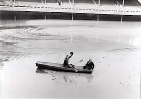 On this day in 1937, the Ohio River flooded its highest level ever - 80 feet.

Over 15% of the city was covered in water. In this photo, Cincinnati Reds pitcher Lee Grissom and traveling secretary John McDonald rowed over the Crosley Field fence to the pitcher's mound.