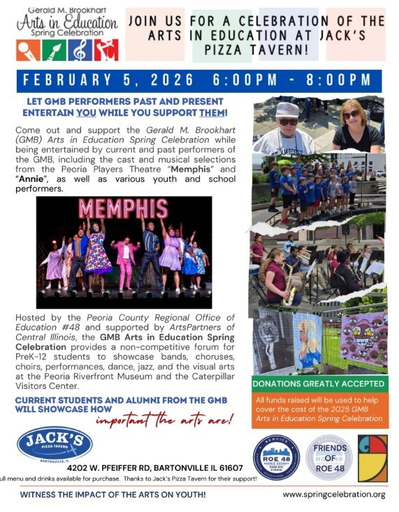 Join us Feb 5 (6–8 PM) at Jack’s Pizza Tavern for a GMB Arts in Education Spring Celebration!

Enjoy student &amp; alumni performances while supporting arts education. 🎶🍕
Donations appreciated—all funds support the 2025 GMB Celebration.

#ArtsInEducation #SupportTheArts #PeoriaIL