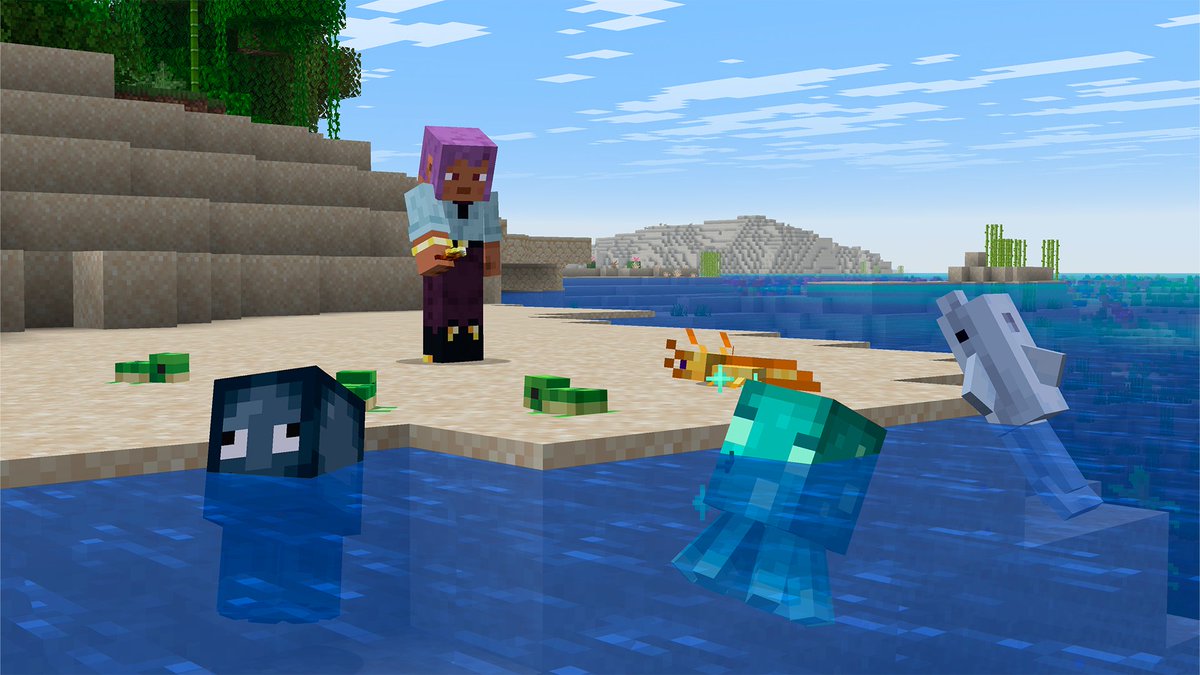 Minecraft's tweet image. New Aquatic baby mobs and testing features arrive in Minecraft!

🌼 New Golden Dandelion: Use on a baby mob to keep them baby FOREVER

🐢🦑🐙🐬🪸New baby turtle, baby squid, baby glow squid, baby dolphin, and baby axolotl looks

🐤 New baby chick sounds

These new baby mobs have…