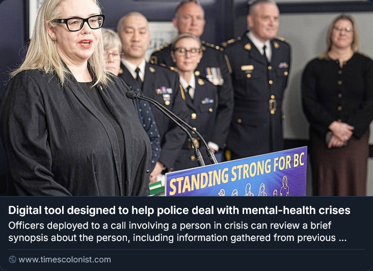 VIMentalHealth's tweet image. "HealthIM, a risk-screening tool, will be used by #Victoria, #OakBay, #Saanich &amp;amp; #CentralSaanich police departments. It’s already in use in #PortMoody, #Nelson, #Delta, #PrinceGeorge &amp;amp; #Surrey" #mentalhealth #substanceuse #publicsafety #BritishColumbia #BC timescolonist.com/local-news/dig…