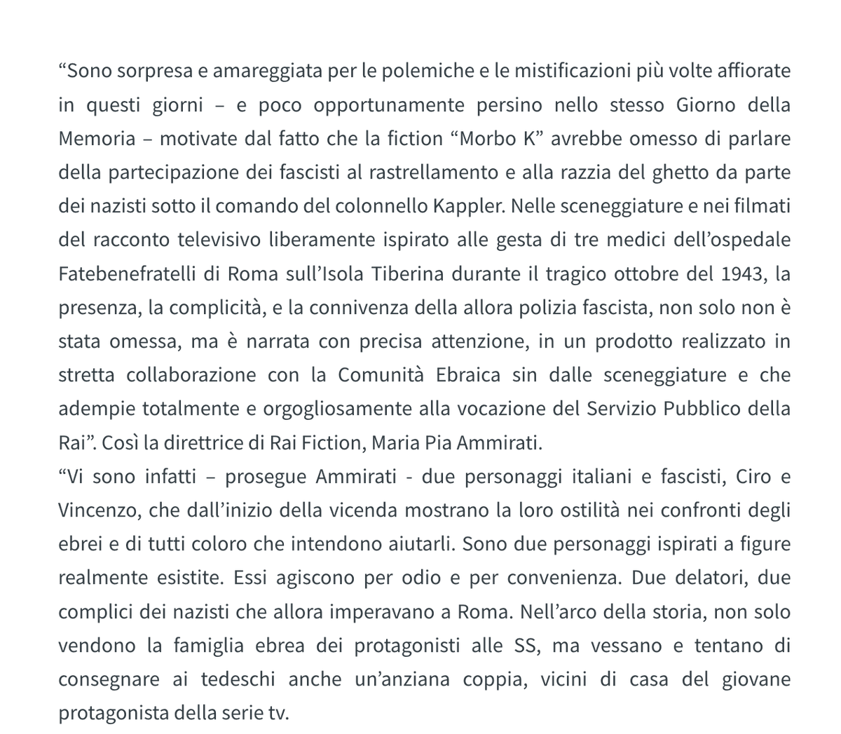 Cinguetterai's tweet image. La direttrice di Rai Fiction smonta la polemica creata ad arte sulla serie #MorboK.

"La presenza, complicità e connivenza della polizia fascista è narrata con precisa attenzione, in un prodotto realizzato in stretta collaborazione con la Comunità Ebraica sin dalle sceneggiature"