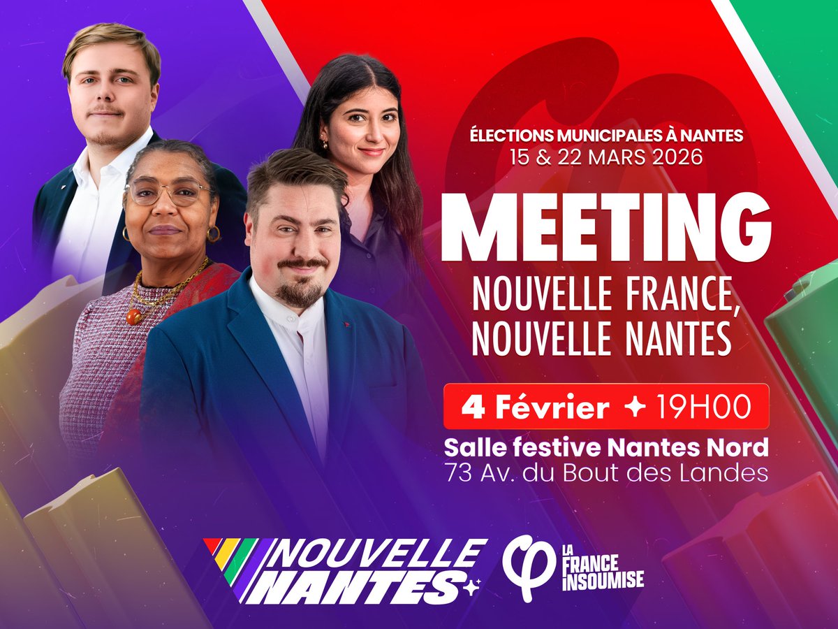 🔻✨ Nouvelle France, Nouvelle Nantes ! 

Parce qu’on ne peut pas changer la ville sans changer de cap 🧭

Retrouvons-nous pour un grand meeting avec Imane El Hamzaoui et Louis Boyard ! 

🗓️ Mercredi 4 février | 19h00
📍 Salle festive Nantes Nord

#NouvelleNantes #Nantes2026 #LFI