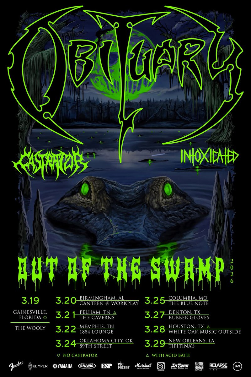 The Florida boys are coming!
“Out of the Swamp” to join Acid Bath  and a few select headline shows!

Tickets are on sale this Friday, January 30th @ 10am local time:
obituary.cc/tour

Castrator  &amp; Intoxicated  on headline shows / No Acid Bath