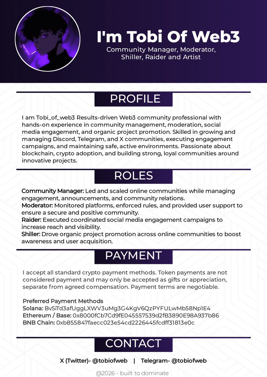 🚀 Looking for a reliable &amp; proactive Web3 powerhouse ?

Meet Tobi of Web3 <a href="/tobiofweb/">Tobi_of_web3</a>🔥
A Community Manager / Moderator / Shiller / Raider / Artist

Built to grow, engage &amp; dominate communities 💜🔥 

📩 DM on X or TG: 
t.me/tobiofweb 

#web3 #tobiofweb #BuildInPublic