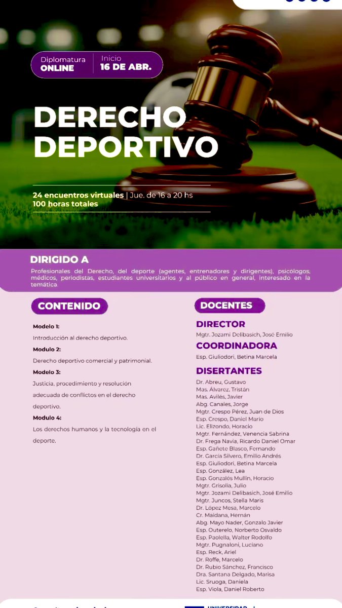 Estaré coordinando la Diplomatura en Derecho Deportivo de la <a href="/UCCoficial/">Universidad Católica de Córdoba</a> link de inscripción. Comenzamos este 16/04/2026 fjs.ucc.edu.ar/diplomatura-en…
