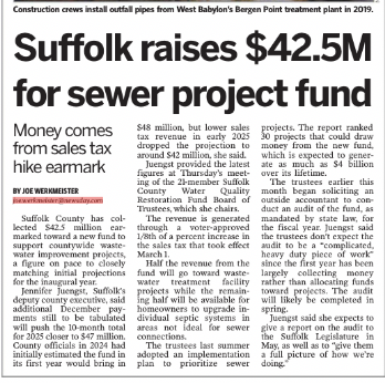 Suffolk County just raised $42.5 million for its sewer project fund using a sales-tax hike earmark, boosting resources for water quality and infrastructure upgrades across the county.