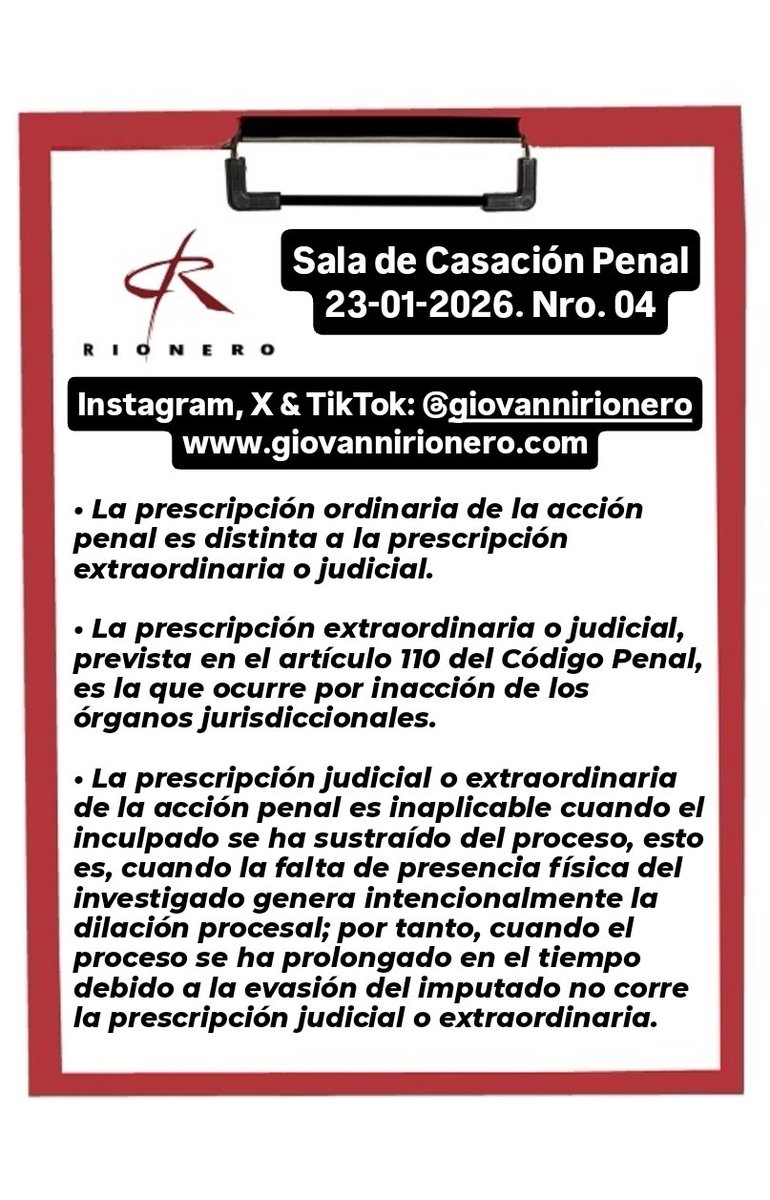 #Prescripción Reciente sentencia en la cual se reitera que la prescripción extraordinaria o judicial, prevista en el artículo 110 del Código Penal, es la que ocurre por inacción de los órganos jurisdiccionales.